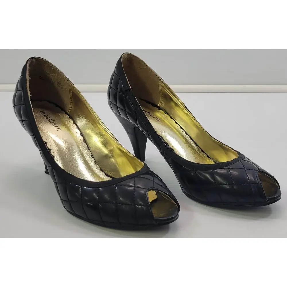 BG) Dressbarn Woman Quilted High Open Toe Black Heel Shoes 8M